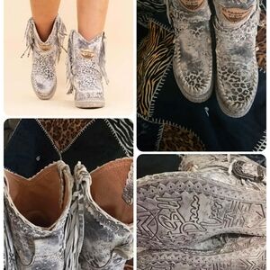El Vaquero Gray Leopard Ankle Boots with Fringe Size 39
